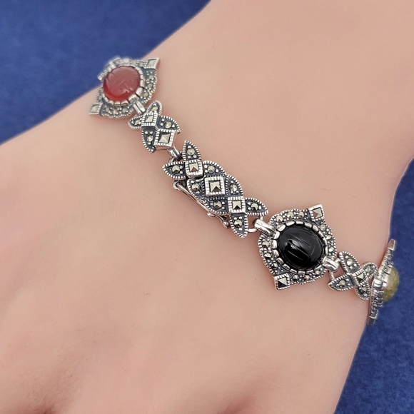 Vintage Sterling Silver Egyptian Revival Scarab Carved Gemstone Bracelet Size 7 - Picture 7 of 8